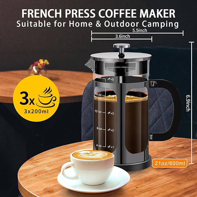 French Press Coffee Maker (21oz 600ML 3-4Cup) Coffee Press, with 4 Filters System, Heat Resistant Thickness Borosilicate Glass, Cold Brew Coffee Tea Pot Gifts (Bright Black)