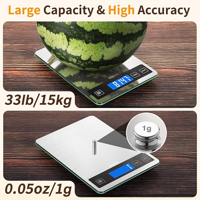 Food Scale, 33lb Digital Kitchen Scale with Stainless Steel & Tempered Glass, 1g / 0.05oz Precise Graduation, Waterproof and Sturdy Surface, for Cooking, Baking, Weight Loss, Meal Prep