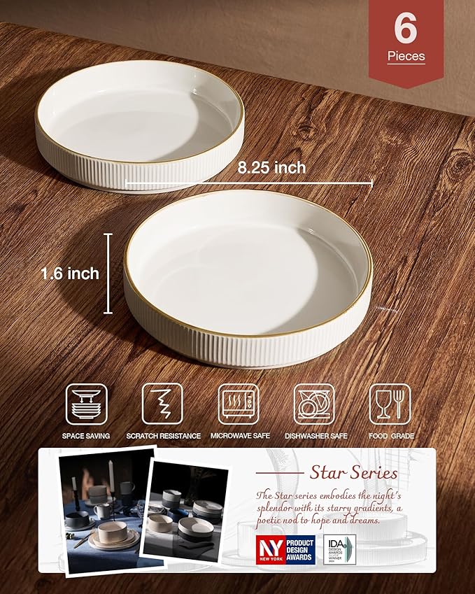 famiware Star 8.25" Pasta Bowls, Large Dinner Bowls Set of 6, Salad Bowl Plates, Shallow Bowls for Eating, White