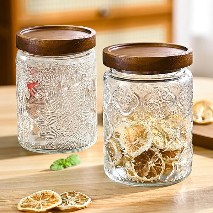 24 OZ/2 PCS Glass Storage Jar with Airtight Bamboo Wooden Lids, Vintage Food Containers Canisters Sets for Kitchen Counter Pantry, Sugar, Flour, Candy, Tea, Coffee Beans, Oats, Grain Bin, Pasta,