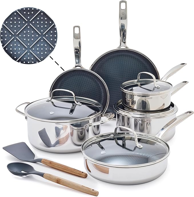 Blue Diamond Hybrid Nonstick Stainless Steel 12 Piece Cookware Set, Tri-Ply PFAS-Free Ceramic Diamond Bond Pots & Pans, Dishwasher & Oven Safe to 850F, Induction Ready, Metal Utensil Safe, Silver