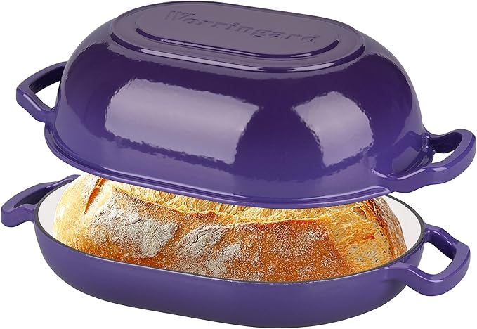 Enameled Cast Iron Sourdough Bread Oven, Dutch Oven, Loaf Cast Iron Bread Pan for Homemade Bread Baking, Meatloaf Pan with Lid, 7QT, Purple