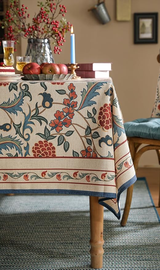 patdrea Designer Vintage Linen Tablecloth for Rectangle Table,French Soft Durable Floral Tablecloths,Colorful Table Cover for Kitchen Dining,Parties,Christmas,Thanksgiving,Party,55"x87"-Puno