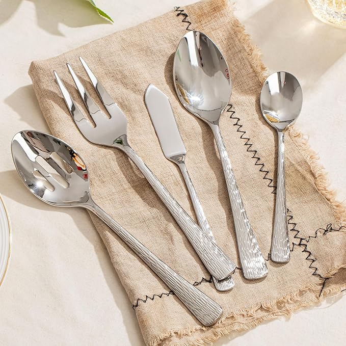 KINGSTONE Hammered 5-Piece Serving Utensil Set, 18/10 Stainless Steel Flatware for Catering, Party Include Spoons, Slotted Spoon, Fork, Butter Knife - Mirror Finish & Dishwasher Safe