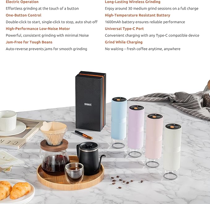 Portable Electric Coffee Grinder, Rechargeable Handheld Grinder with Stainless Steel Conical Burr, Adjustable Grind Settings, for Espresso, Moka, Pour Over, French Press, Cold Brew, Marshmallow