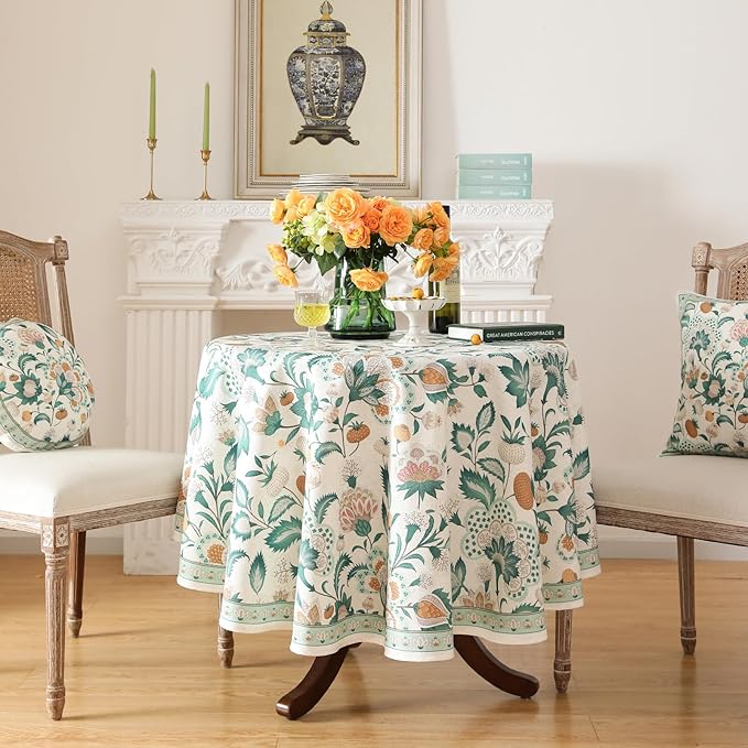 patdrea Designer Small Vintage Green Round Table Cloth,French Floral Country Linen Durable Tablecloth,Wrinkle Free Cover for Kitchen Dining,Christmas,Thanksgiving,Diameter 55"-Tree Life