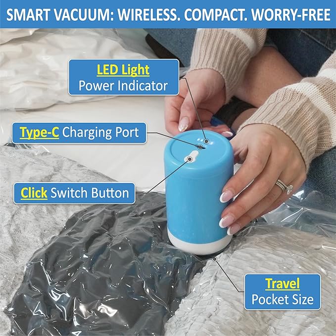Cozy Essential Travel Vacuum Bags with Rechargeable Electric Pump, 10 Pack Vacuum Travel Bags for Luggage and Suitcase, Vacuum Seal Space Saver Compression for Clothes Clothing