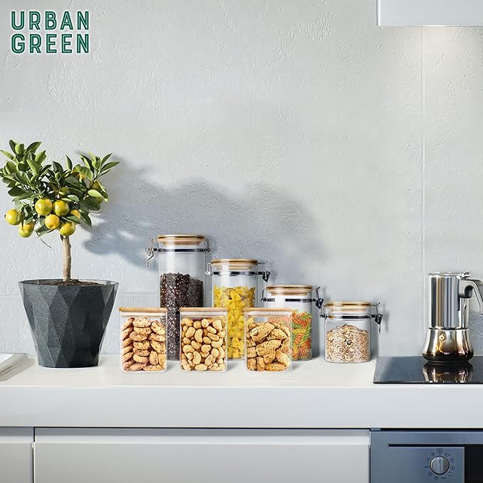 Urban Green Glass Jars with Bamboo Lids, Square Glass Jar with airtight lids, 6 pack of 28oz, Food Storage Containers with bamboo lids, Panty Jars