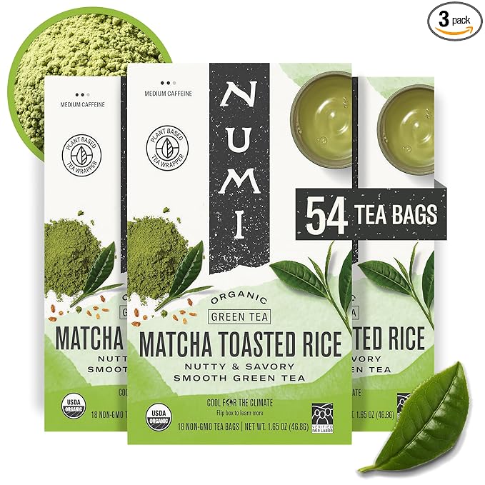 Numi Organic Matcha Toasted Rice Tea, 54 Matcha Tea Bags, Flavorful Green Tea, Microplastic Free Tea Bags