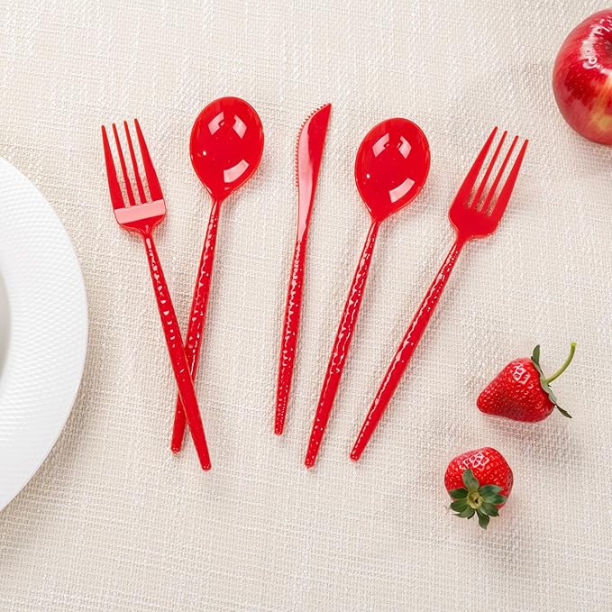 LIYH 150 Pcs Red Plastic Cutlery Sets - Red Plastic Silverware Heavyduty, Disposable Utensil Sets, 50 of Each Forks, Knives & Spoons Flatware Set for Party Birthday