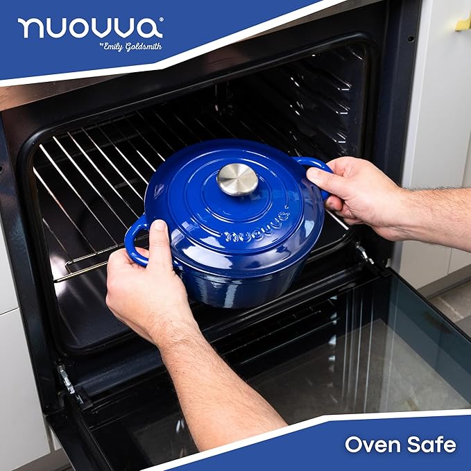 Cast Iron Pot with Lid – Non-Stick Ovenproof Enamelled Casserole Pot, Oven Safe up to 500° F – Sturdy Dutch Oven Cookware – Dark Blue, 5-Quart, 24cm – by Nuovva