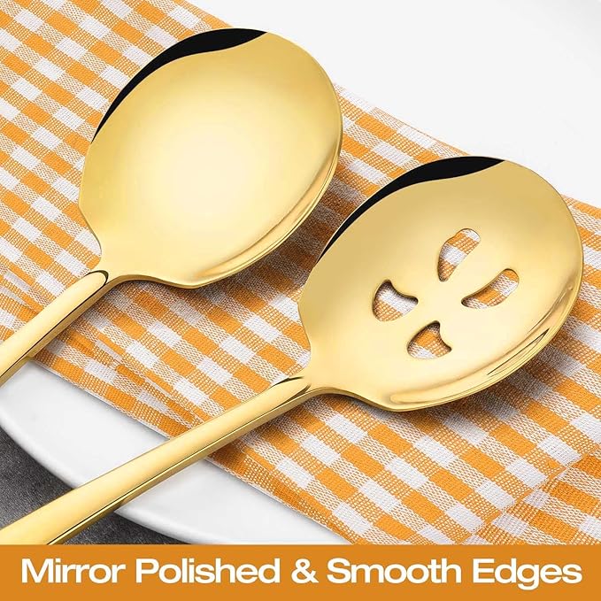 Extra Large Serving Spoons Set 11.7-Inch Gold Serving Slotted Spoon and Serving Spoon 18/8 Stainless Steel Big Serving Utensil for Buffet, Parties, Catering - Dishwasher Safe(2-Pack, Gold)