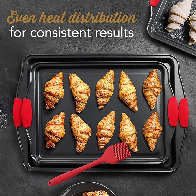 Baking Sheet Set, 2-Piece Large Cookie Sheet Set with Silicone Handles, Steel Baking Pan, Baking Sheets for Oven, BPA Free Nonstick Set, Half Sheet Pans, Black Baking Tray