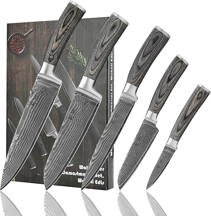 Wakoli EDIS Damascus 5-Piece Knife Set – Japanese Style Kitchen Knives | Genuine Damascus Steel Blades with VG10 Core | Ergonomic Micarta Handles | Professional Chef Knife Set in Gift Box