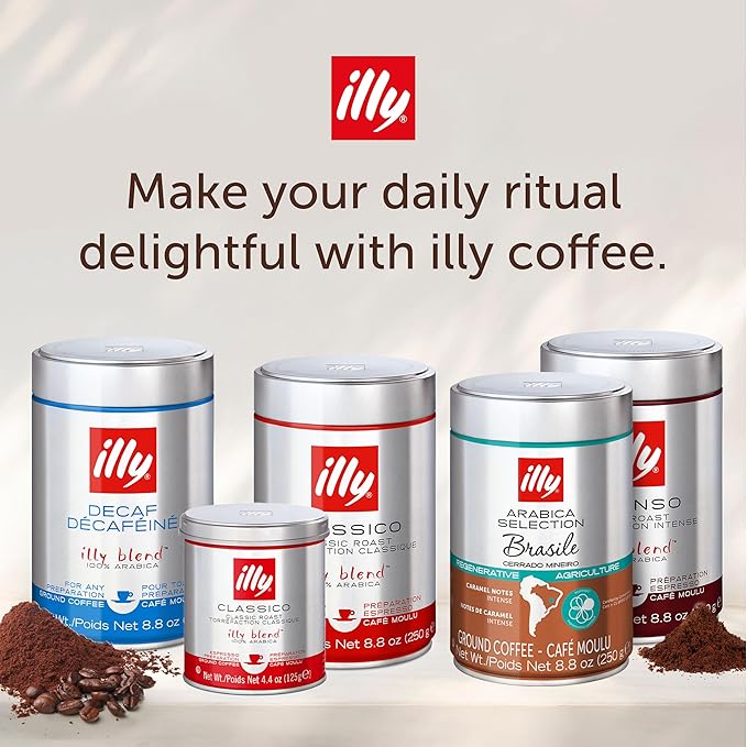 Illy Ground Espresso Coffee, Classico Medium Roast - Mild & Balanced - 100% Arabica - Pre-Ground for Espresso - Pressurized Packaging Sealed for Freshness -8.8oz (Pack of 6)