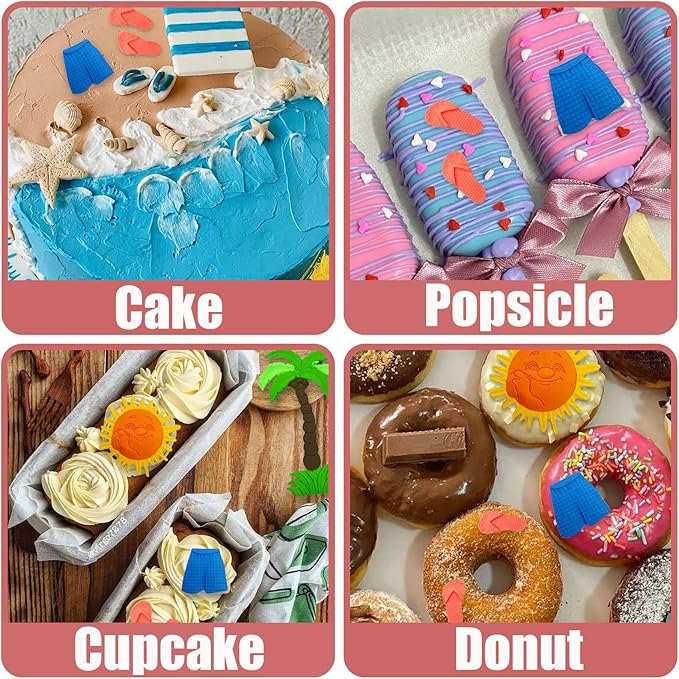 3 Pcs Hawaiian Coconut Tree Fondant Molds, Seaside Beach Sun Silicone Molds, Slipper Surf Shorts Clay Mold for Cake Decorating, Candy Chocolate Marzipan Resin Crafts, Summer Party, Halloween