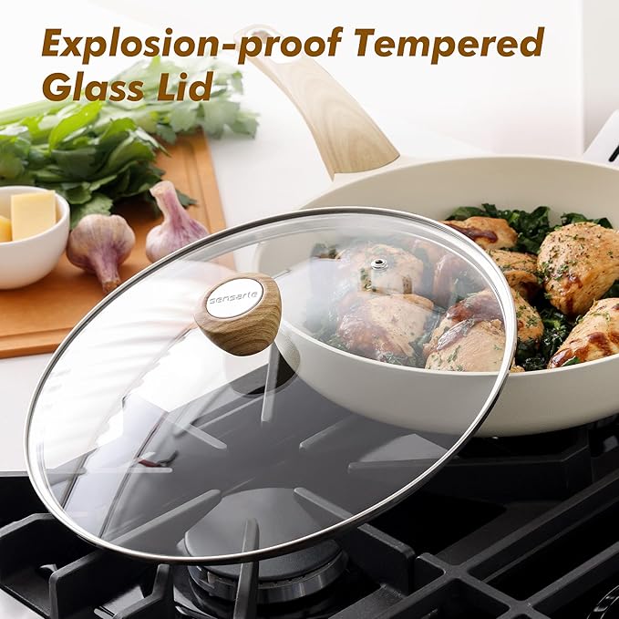 SENSARTE Ceramic Nonstick Frying Pan Skillet with Lid 8inch Non Stick Omelet Pans, Non-toxic Healthy Kitchen Cooking Chefs Pan, Free of Intentionally Added PFOA/PFAS/PTFE, Induction Compatible, White