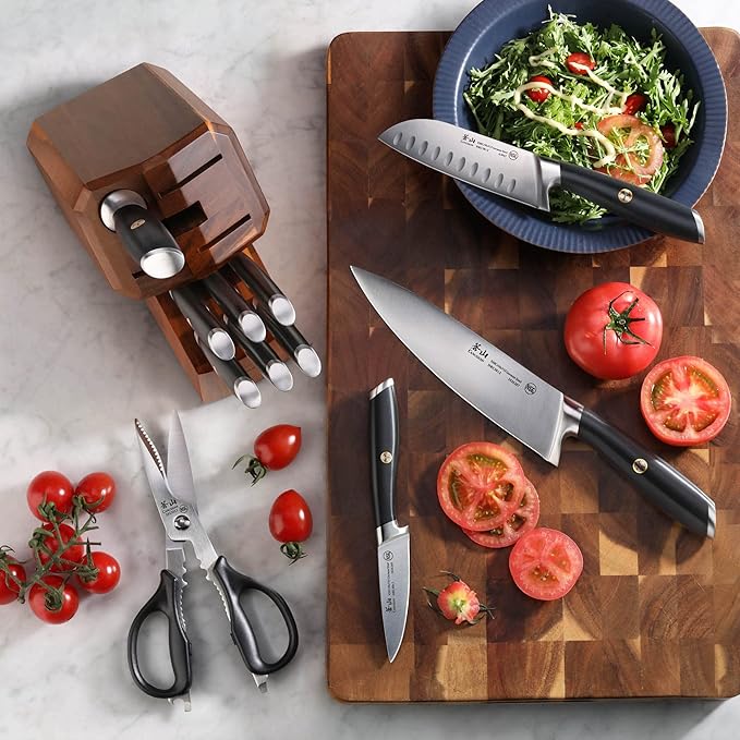 Cangshan L Series 12-Piece Knife Block Set with 6 Steak Knives, Forged German Steel, Acacia Block, Black, 1026061