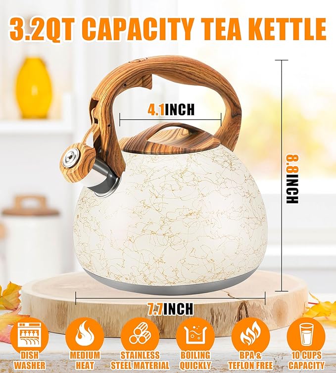 3.2 Quart Whistling Tea Kettle Stovetop, Stainless Steel Tea pot with Wood Grain Handle, Loud Whistle Kettle for Boiling Water, Coffee & Milk, Easy-Pour Spout Classic Design (Off-white)