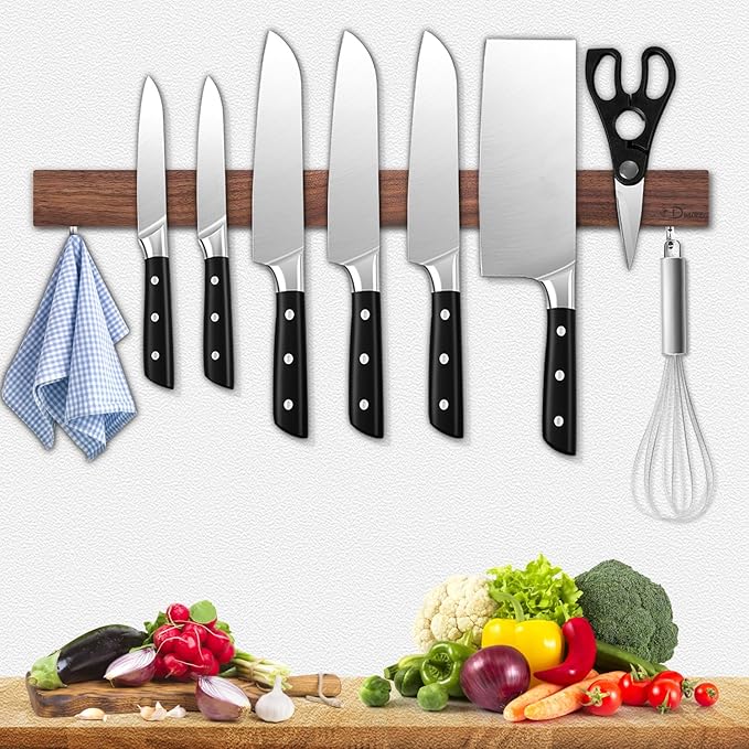 Dmore magnetic knife holder for wall—with 2 hooks, No Drilling 20 Inch walnut knife magnetic strip, Powerful knife magnet rack, include Adhesive Tape and screws for Knives, Utensils, and Tools