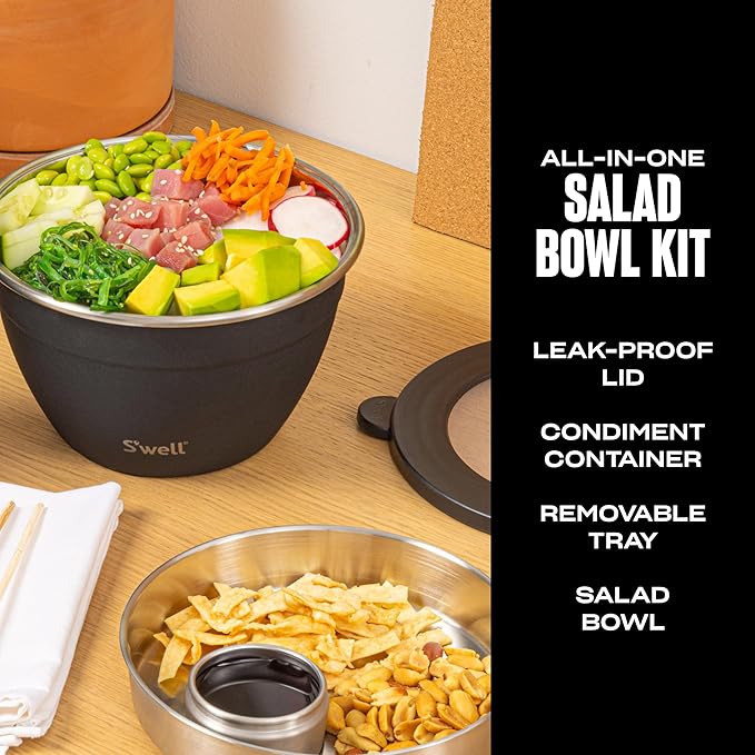 S’well Stainless Steel 64oz Salad Bowl Kit in Onyx, Comes with 2oz Condiment Container and Removable Tray for Organized Serving, Leak-Proof and Dishwasher Safe