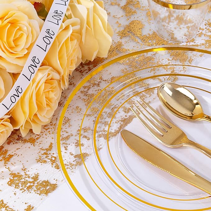 bUCLA 300Pcs Clear Gold Plastic Disposable Dinnerware Set - Clear Plates with Gold Trim Include 50 Dinner / 50 Dessert Plates,50 Cups,150 Plastic Silverware Set for Party, Fall & Thanksgiving