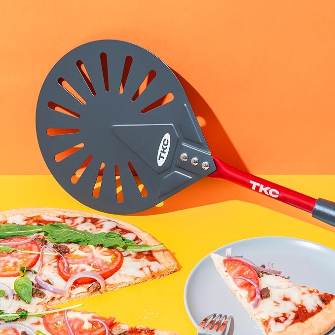 TKC 9" Perforated Pizza Peel, Professional Aluminum Pizza Turning peel, Long Handle Metal Pizza Spatula for Indoor and Outdoor, Lightweight Non-Stick Pizza Turner - Pizza Oven Accessories RED