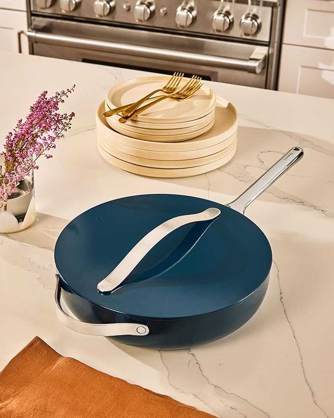 Caraway Nonstick Ceramic Sauté Pan with Lid (4.5 qt, 11.8") - Non Toxic, PTFE & PFOA Free - Oven Safe & Compatible with All Stovetops (Gas, Electric & Induction) - Marigold
