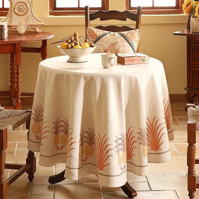 patdrea Designer Vintage Round Tablecloth,Pineapple Pattern Linen Tropical Style Tablecloths,Fall Decor Table Cover for Kitchen Dining Christmas,Thanksgiving,Tea Party,Diameter 55"-Pineapple B