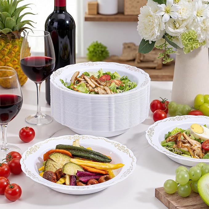 DaYammi 30 Pack Plastic Bowls with Gold Rim, 12oz Disposable Soup Bowls, Heavy Duty Dinner Bowls for Weddings, Parties, Dinners, Catering and Everyday Use