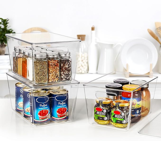 Vtopmart 4 Pack Clear Stackable Storage Bins with Lids, Large Plastic Containers with Handle for Pantry Organizer and Storage,Perfect for Kitchen,Fridge,Cabinet, Closet,Bathroom Organization