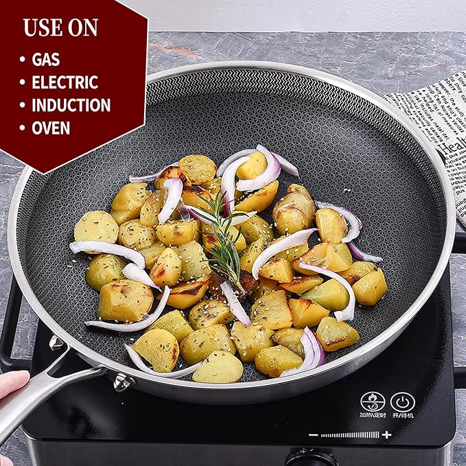 LOLYKITCH 10-12 Inch Hybrid Tri-Ply Stainless Steel Nonstick Chef's Frying Pan Set,Skillets,Induction Cooking Pan,Oven & Dishwasher Safe.