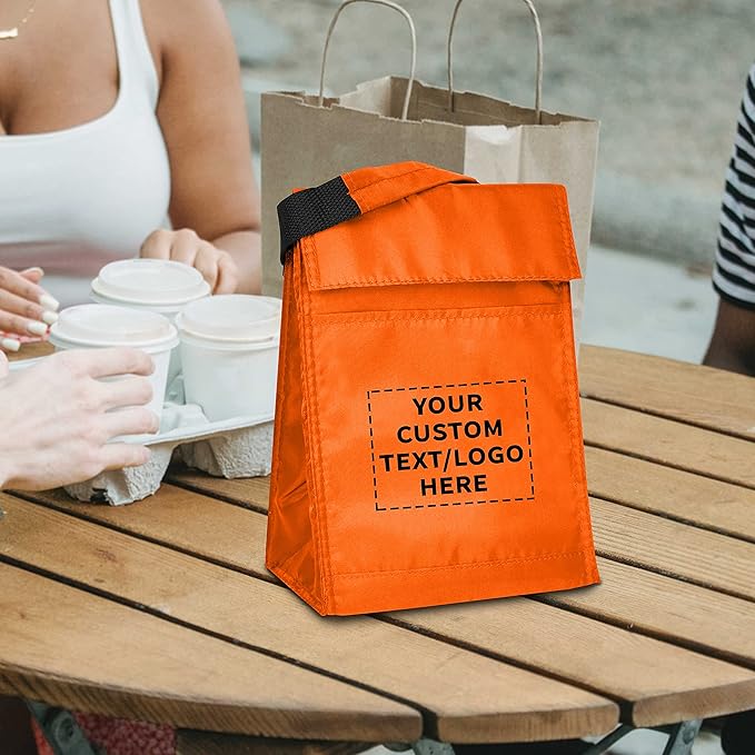 DISCOUNT PROMOS 50 Hook and Loop Insulated Lunch Bags Set - Customizable Text, Logo - Polyester, Durable, Vibrant, Reusable - Orange