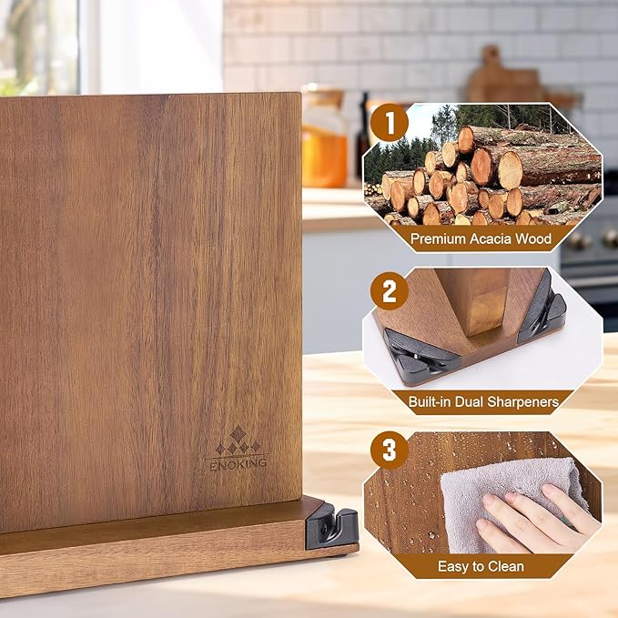 ENOKING 15.2" Extra Large Magnetic Knife Block with Dual Sharpeners, Acacia Wood Knife Holder & Display Stand with Strong Magnets