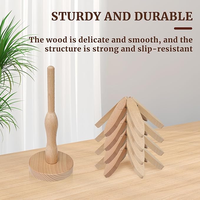 Tree Shape Wooden Trivets for Hot Dishes，4 Wooden Trivets + 1 Stand stored Like a Christmas Tree，for Easy Storage，Multifunctional Ornaments (Beech)