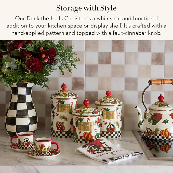 MACKENZIE-CHILDS Enamel Canister, Kitchen Storage Container with Lid, Large, Deck the Halls