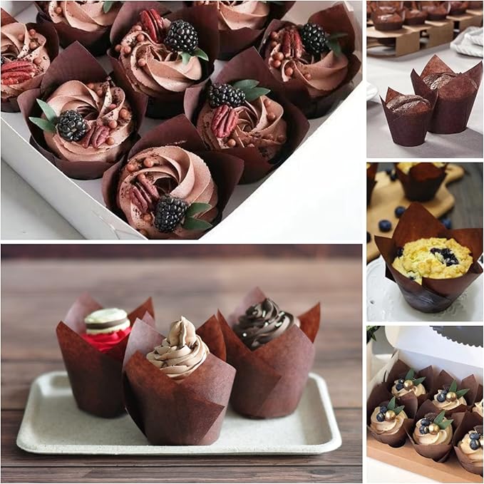 500 pcs Large size Brown Tulip Baking Cups 2-1/4"(Base diameter) x 4"(Wall height) Greaseproof paper baking cupcake Muffin liners