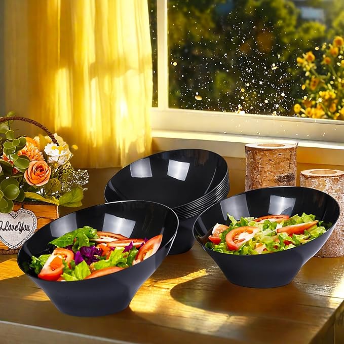 bUCLA 12 Pack Black Plastic Serving Bowls - 20 OZ Angled Bowls Disposable for Chip,Candy,Salad and Fruit - Ideal for Wedding, Party & New Year