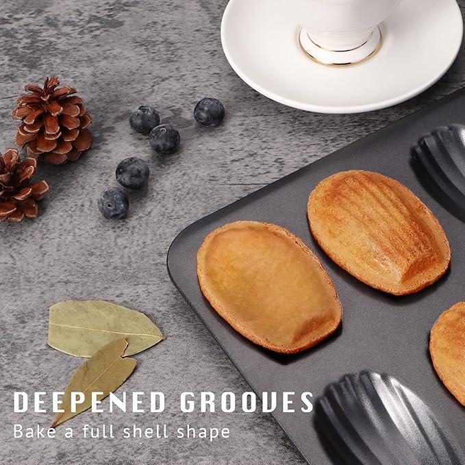 HONGBAKE Nonstick Madeleine Pan 2 Pack 12-Cavity Heavy Duty Madeleine Cookies Trays for Oven Baking, Warp Resistant Shell Shape Madeleine Mold Cake Pan, Space Grey