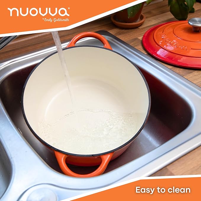 Cast Iron Dutch Oven with Lid – Non-Stick Ovenproof Enamelled Casserole Pot – Sturdy Dutch Oven Cookware – Orange, 7.3-Quart, 30cm – by Nuovva