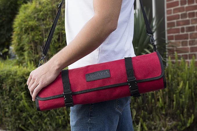 Asaya Canvas Chef Knife Roll Bag - 10 Knife Slots and a Large Zipper Pocket - Durable 10oz Canvas Knife Case with an Adjustable Shoulder Strap - Knives not Included (Red)
