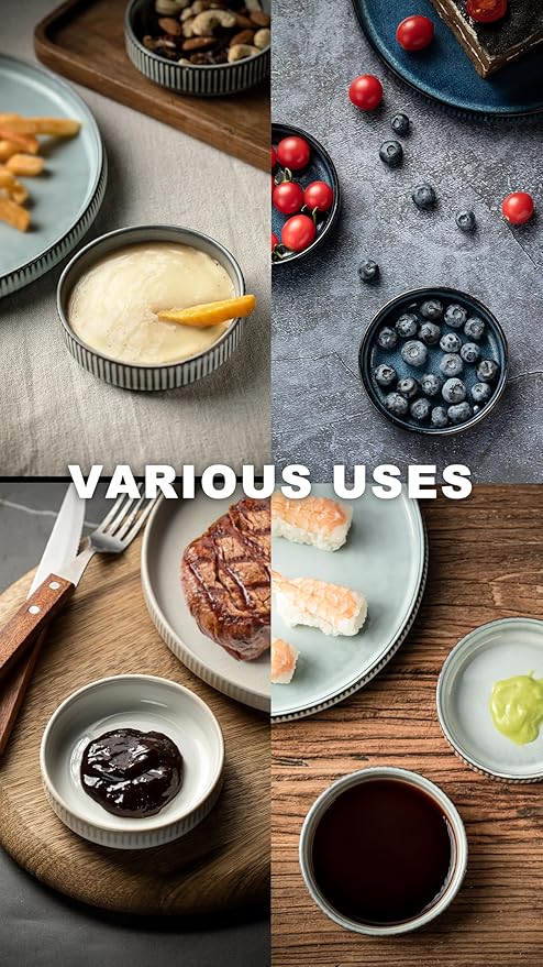 famiware Star Soy Sauce Dish Ceramic Dipping Bowls Set of 6, 4 oz Individual Dip Sauce Cups/Bowls/Dishes/Plates, Small Serving Bowl for Side Dishes, Dessert, Ice Cream, Condiments, Sushi - Smoky Blue