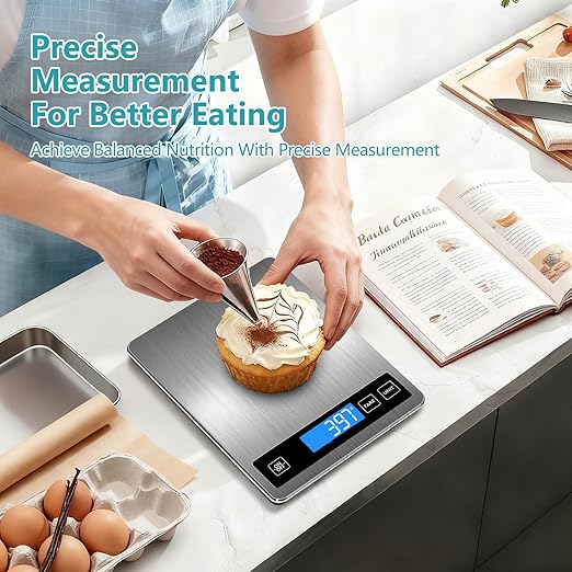 Food Scale, Digital Kitchen Scale 22lb/10kg Steel and Tempered Glass with 1g/0.1oz Precision, Tare & 10 Units, LCD Display for Baking, Cooking, Meal Prep, Coffee, Postage Silver
