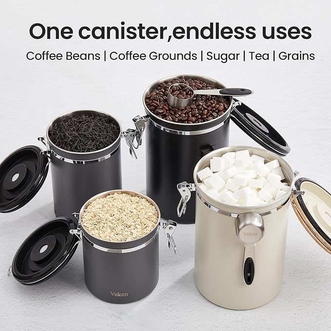 Veken Coffee Canister, 39OZ Large, Airtight Stainless Steel Food Storage Container for 2.2lbs Coffee Beans, Ground, Sugar, Tea, Flour, Cereal, Kitchen Bar Accessories with Date Tracker & Scoop, Silver