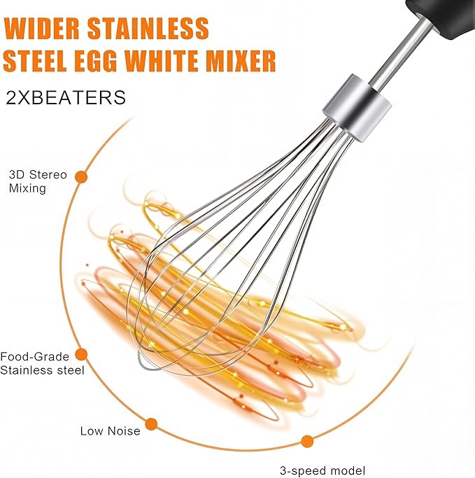 Electric Hand Mixer Whisk| Wireless Rechargeable Handheld Egg Beater with 2 Stainless Steel Mixing Heads | Portable Kitchen Aid Hand Mixer for Egg, Milkshake Cream, Cake, Baking & Cooking-Black