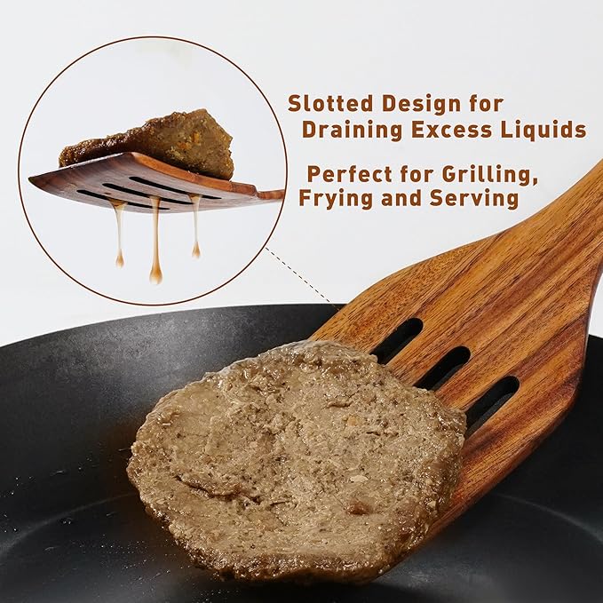 FJNATINH 2 Pcs Wooden Spatula Set for Cooking, Natural Teak Spatula and Slotted Turner for Non-stick Cookware, Kitchen Cooking Utensils for Frying Flipping Pancake Spatula