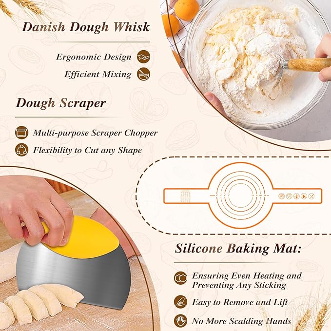 Banneton Basket Set of 2, 10" Oval & 9.7" Round Banneton Bread Proofing Basket with Liners, Bread Lame, Silicone Baking Mat, Danish Whisk, Brush, Proofing Bowls Sourdough Starter Kit Tools