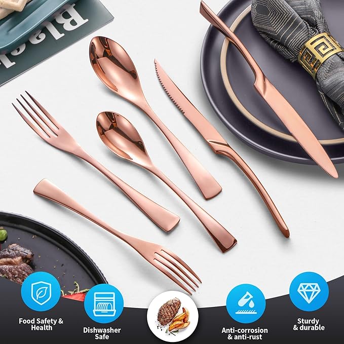 Lemeya 24-Piece Rose Gold Silverware Set with Steak Knives,Forged 18/10 Stainless Steel Cutlery Set for 4,Modern Heavy Duty Flatware Utensils Set,Forks Spoons and Knives Set,Dishwasher Safe