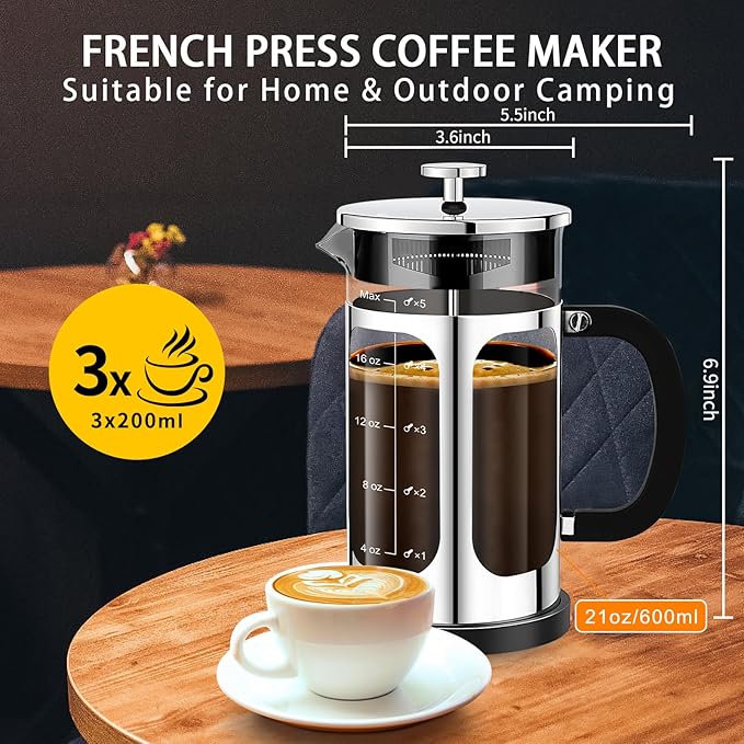 French Press Coffee Maker (21oz 600ML 3-4Cup) Coffee Press, with 4 Filters System, Heat Resistant Thickness Borosilicate Glass, Cold Brew Coffee Tea Pot Gifts (Silvery)