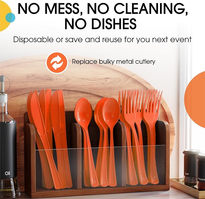 Party Solids Orange Plastic Silverware Heavy Duty 150 Pieces Orange Plastic Cutlery Sets, Utensil Sets, 50 Of Each Forks, Knives & Spoons Disposable Cutlery Set, Flatware Set For Party Supplies